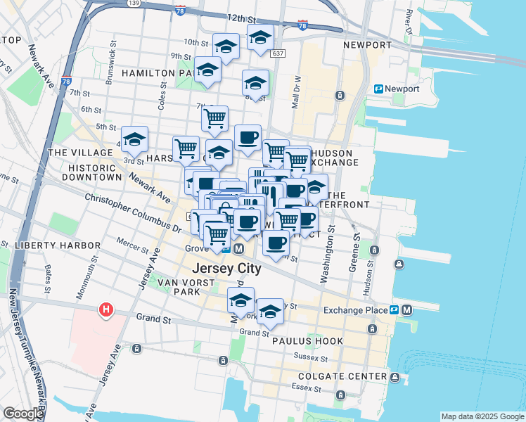 map of restaurants, bars, coffee shops, grocery stores, and more near 364 Marin Boulevard in Jersey City