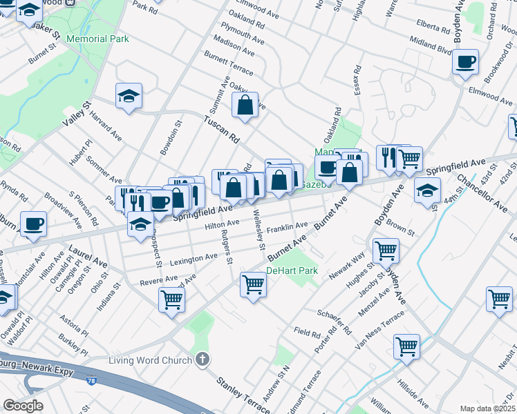 map of restaurants, bars, coffee shops, grocery stores, and more near 1730 Springfield Avenue in Maplewood