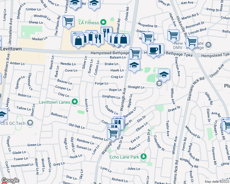 map of restaurants, bars, coffee shops, grocery stores, and more near 62 Forge Lane in Levittown