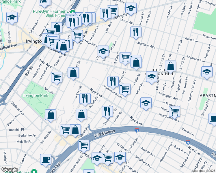 map of restaurants, bars, coffee shops, grocery stores, and more near 48-54 South 20th Street in Irvington