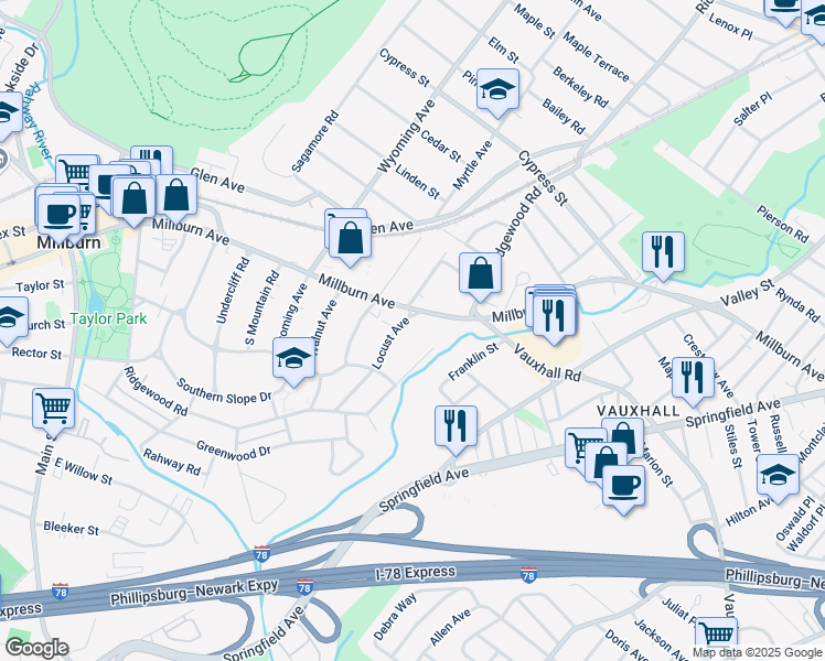 map of restaurants, bars, coffee shops, grocery stores, and more near 167 Millburn Avenue in Essex County