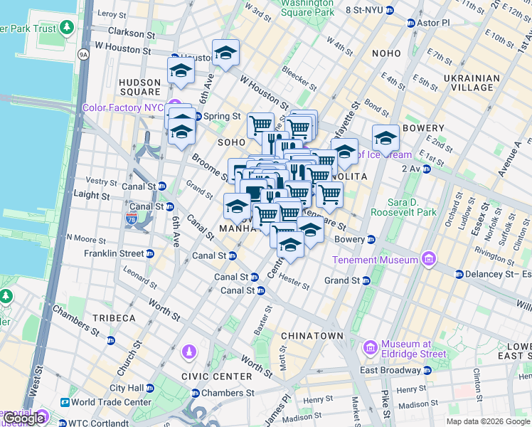 map of restaurants, bars, coffee shops, grocery stores, and more near 478 Broadway in New York