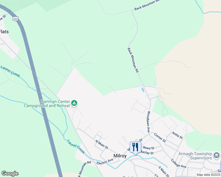 map of restaurants, bars, coffee shops, grocery stores, and more near 122 Field Lane in Milroy