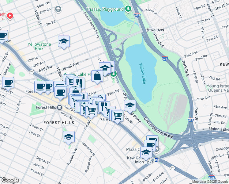 map of restaurants, bars, coffee shops, grocery stores, and more near 113-14 72nd Road in Queens