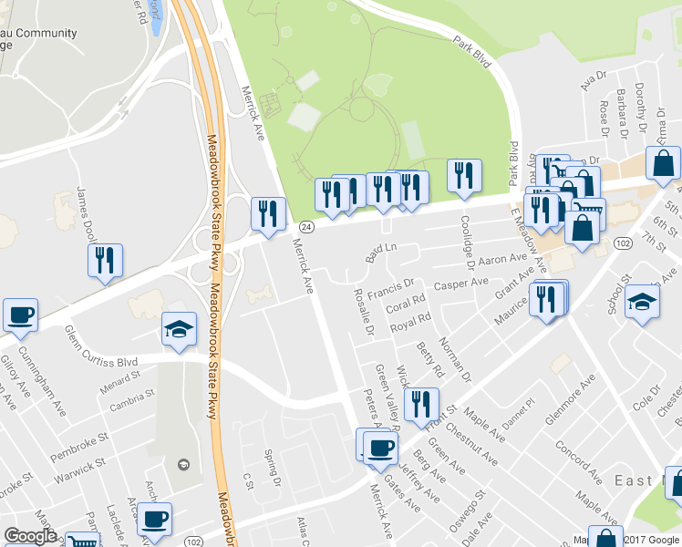 map of restaurants, bars, coffee shops, grocery stores, and more near 80 Rosalie Ct in East Meadow