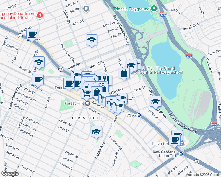 map of restaurants, bars, coffee shops, grocery stores, and more near 71-36 110th Street in Queens
