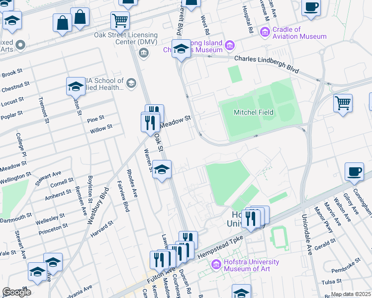 map of restaurants, bars, coffee shops, grocery stores, and more near 70-272 Oak St in Uniondale