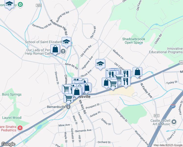 map of restaurants, bars, coffee shops, grocery stores, and more near 25 Olcott Avenue in Bernardsville