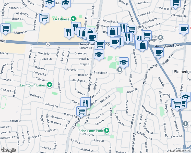 map of restaurants, bars, coffee shops, grocery stores, and more near 17 Straight Lane in Levittown