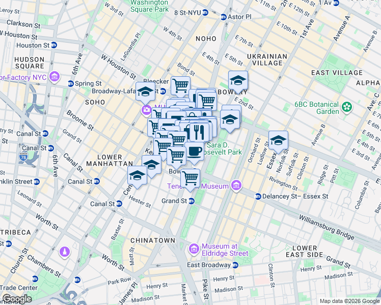 map of restaurants, bars, coffee shops, grocery stores, and more near 220 Bowery in New York