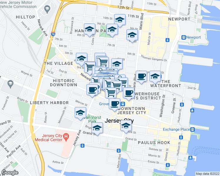 map of restaurants, bars, coffee shops, grocery stores, and more near 11 Erie Street in Jersey City
