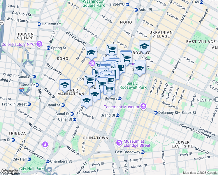 map of restaurants, bars, coffee shops, grocery stores, and more near 20 Spring Street in New York