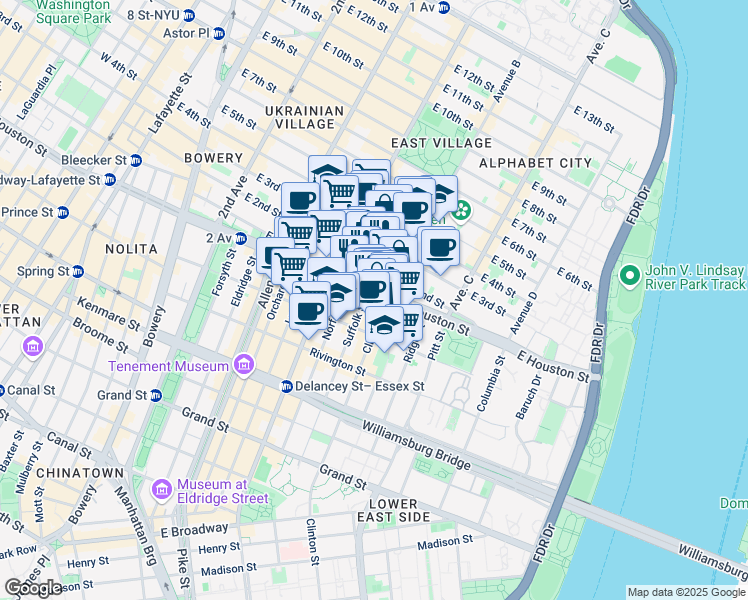 map of restaurants, bars, coffee shops, grocery stores, and more near 279 East Houston Street in New York
