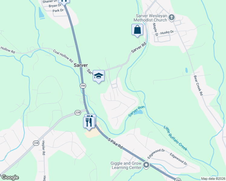 map of restaurants, bars, coffee shops, grocery stores, and more near 119 Sarvers Mill Drive in Sarver