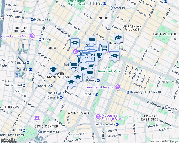 map of restaurants, bars, coffee shops, grocery stores, and more near 21 Spring Street in New York