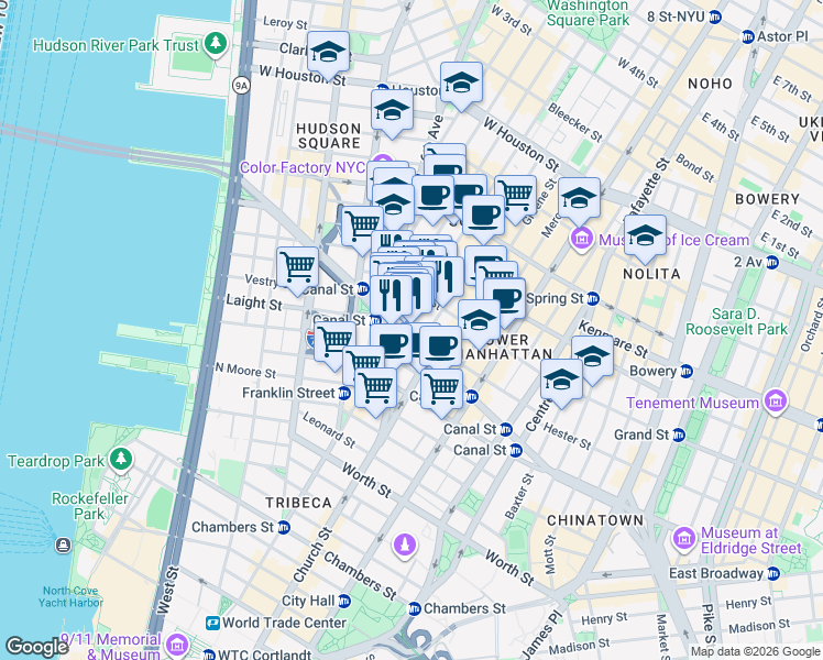 map of restaurants, bars, coffee shops, grocery stores, and more near 323 West Broadway in New York