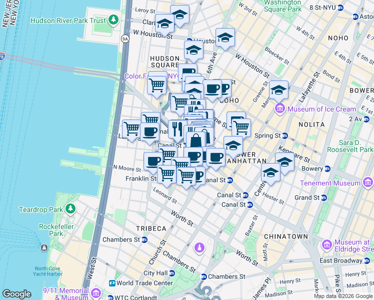 map of restaurants, bars, coffee shops, grocery stores, and more near 47 6th Avenue in New York