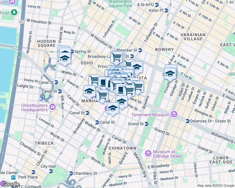 map of restaurants, bars, coffee shops, grocery stores, and more near 203 Lafayette Street in New York