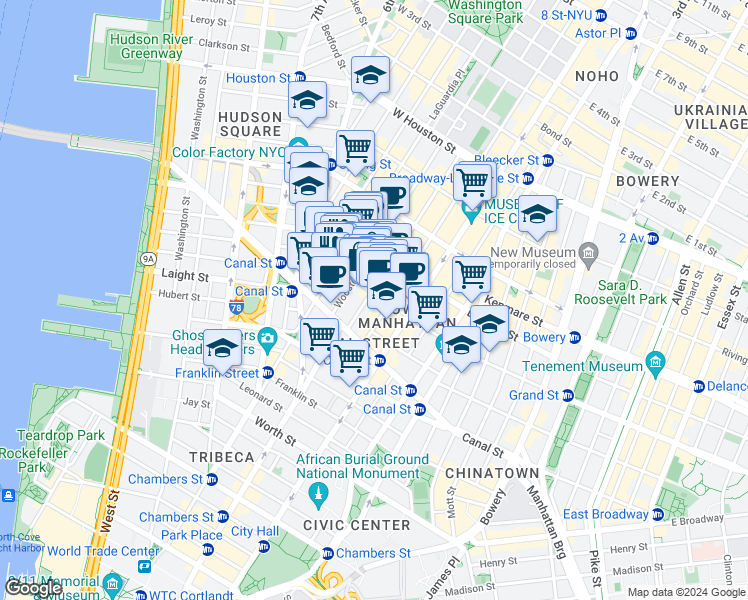 map of restaurants, bars, coffee shops, grocery stores, and more near 93 Grand Street in New York