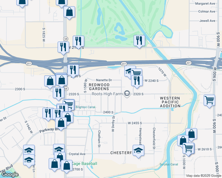 map of restaurants, bars, coffee shops, grocery stores, and more near 1425 West 2280 South in West Valley City