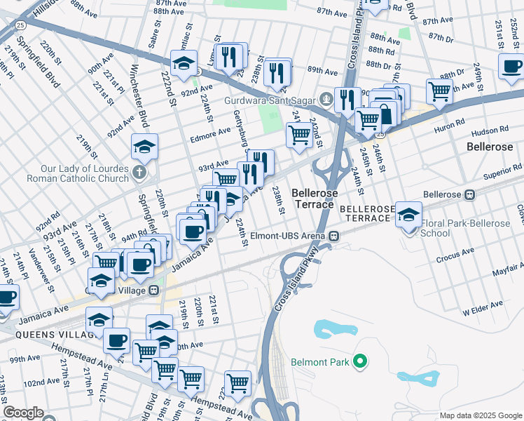 map of restaurants, bars, coffee shops, grocery stores, and more near 9418 226th Street in Floral Park