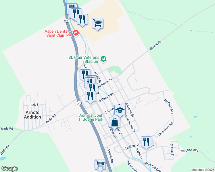 map of restaurants, bars, coffee shops, grocery stores, and more near 36 North Nicholas Street in Saint Clair