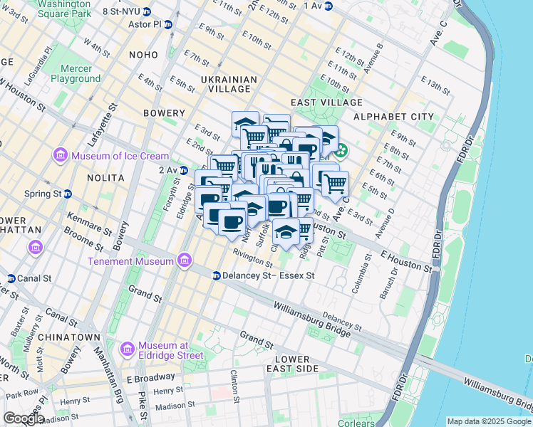 map of restaurants, bars, coffee shops, grocery stores, and more near 250 East Houston Street in New York