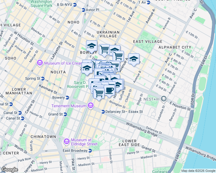 map of restaurants, bars, coffee shops, grocery stores, and more near 168 Ludlow Street in New York