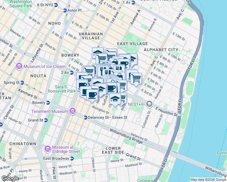 map of restaurants, bars, coffee shops, grocery stores, and more near 250 East Houston Street in New York