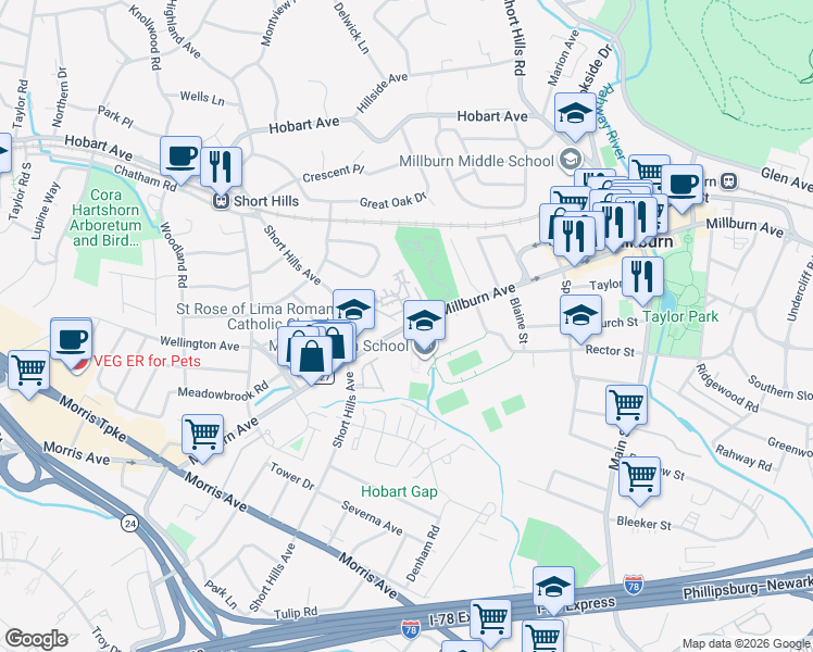 map of restaurants, bars, coffee shops, grocery stores, and more near 463 Millburn Avenue in Essex County