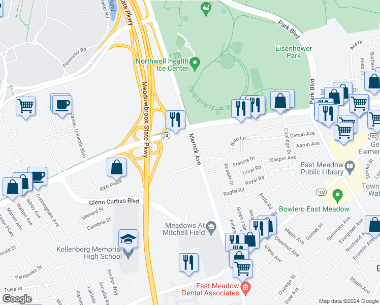 map of restaurants, bars, coffee shops, grocery stores, and more near 39 Merrick Avenue in East Meadow