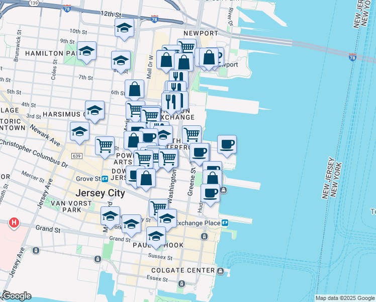 map of restaurants, bars, coffee shops, grocery stores, and more near 444 Washington Boulevard in Jersey City