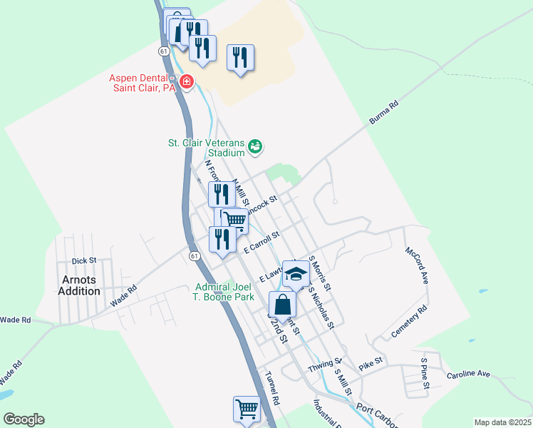 map of restaurants, bars, coffee shops, grocery stores, and more near 36 North Nicholas Street in Saint Clair