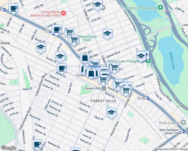 map of restaurants, bars, coffee shops, grocery stores, and more near 10614 70th Avenue in Queens