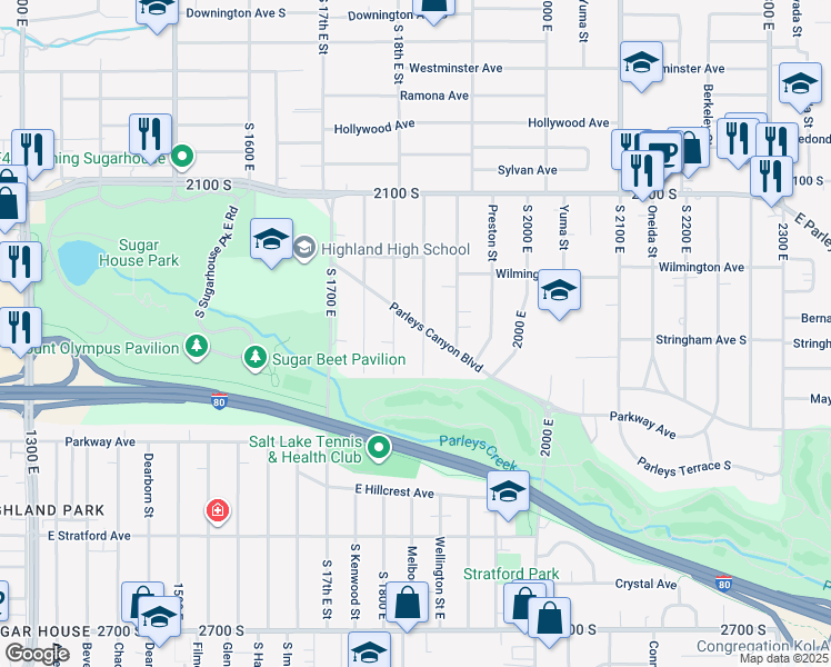 map of restaurants, bars, coffee shops, grocery stores, and more near 1831 Parleys Canyon Boulevard in Salt Lake City