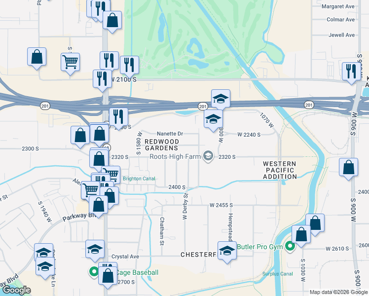 map of restaurants, bars, coffee shops, grocery stores, and more near 1395 Nanette Drive in West Valley City