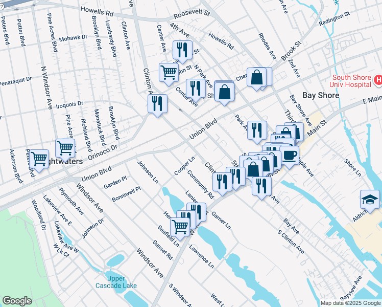 map of restaurants, bars, coffee shops, grocery stores, and more near 58 Clinton Avenue in Bay Shore