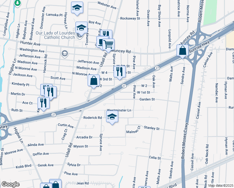 map of restaurants, bars, coffee shops, grocery stores, and more near 99 Spruce Avenue in West Islip