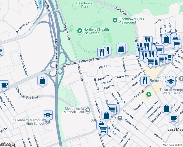 map of restaurants, bars, coffee shops, grocery stores, and more near 55 Lloyd Court in East Meadow