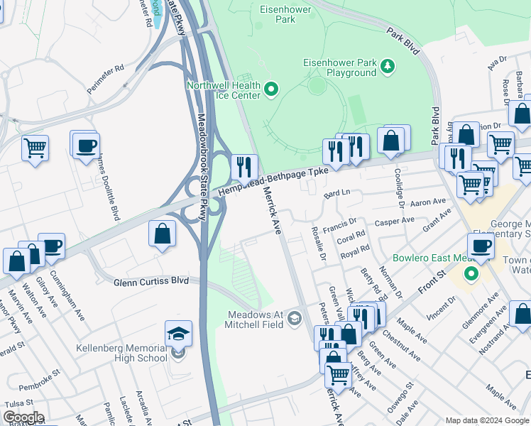 map of restaurants, bars, coffee shops, grocery stores, and more near 39 Merrick Avenue in East Meadow