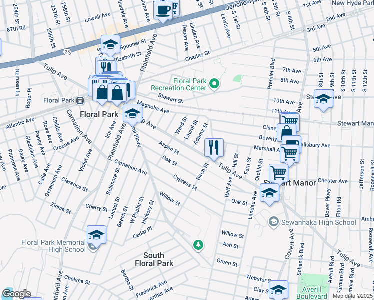 map of restaurants, bars, coffee shops, grocery stores, and more near 280 Tulip Avenue in Floral Park