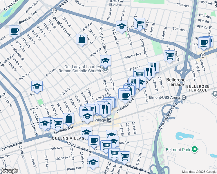 map of restaurants, bars, coffee shops, grocery stores, and more near 93-29 220th Street in Queens