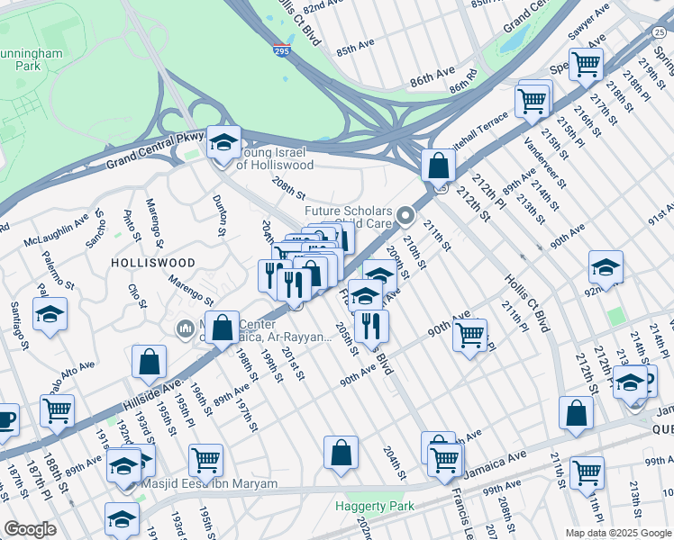 map of restaurants, bars, coffee shops, grocery stores, and more near 206-14 Whitehall Terrace in Queens