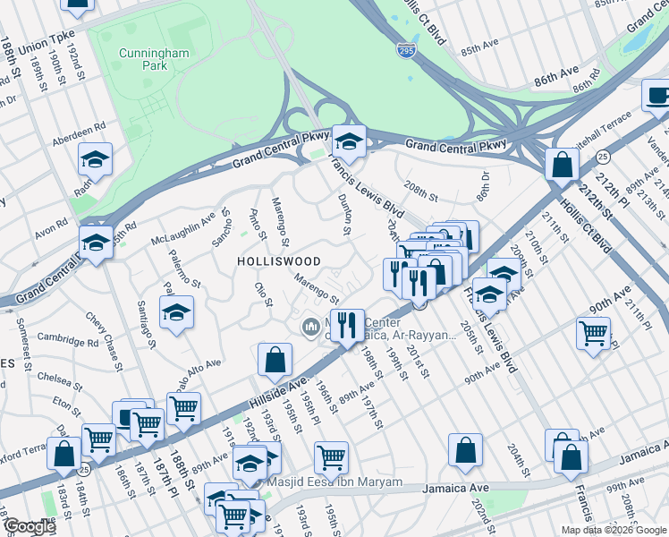 map of restaurants, bars, coffee shops, grocery stores, and more near 199-60 Keno Avenue in Queens