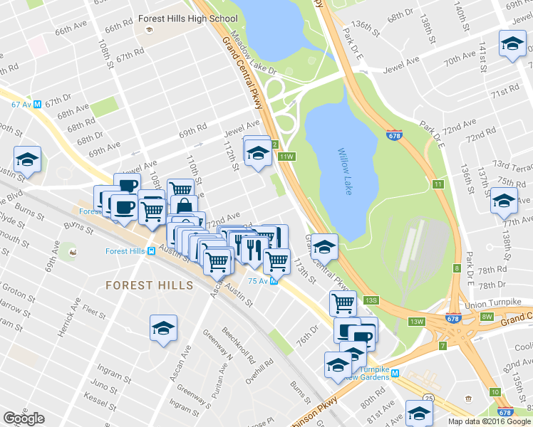 map of restaurants, bars, coffee shops, grocery stores, and more near 112-32 72nd Avenue in Queens
