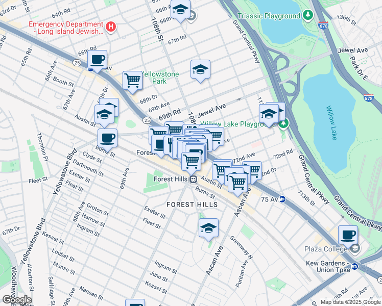 map of restaurants, bars, coffee shops, grocery stores, and more near 10750 Queens Boulevard in Queens