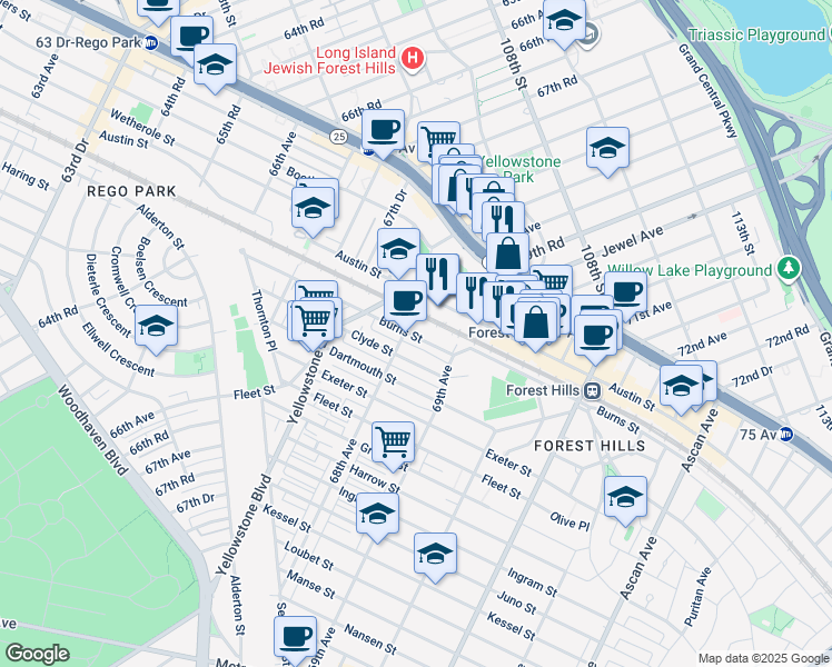 map of restaurants, bars, coffee shops, grocery stores, and more near 68-60 Austin Street in Queens