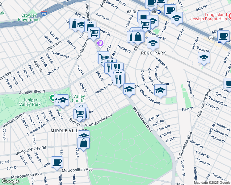 map of restaurants, bars, coffee shops, grocery stores, and more near 63-88 Woodhaven Boulevard in Queens