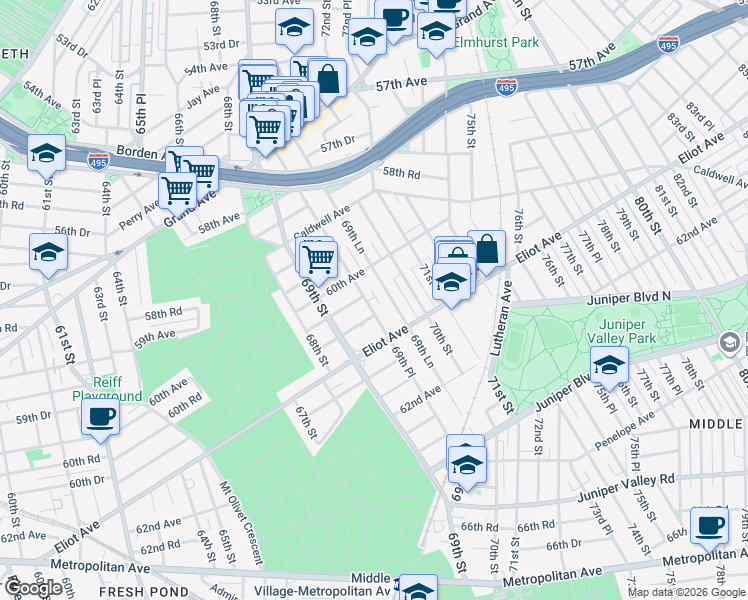 map of restaurants, bars, coffee shops, grocery stores, and more near 60-19 69th Lane in Queens