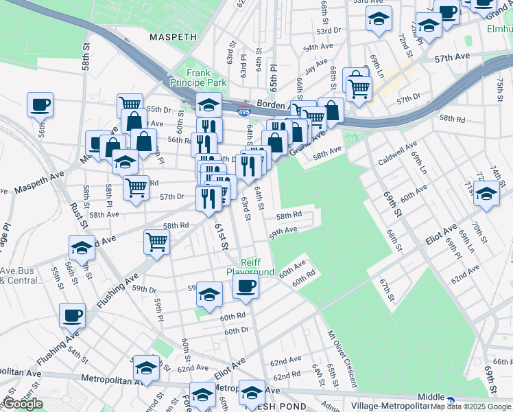map of restaurants, bars, coffee shops, grocery stores, and more near in Queens